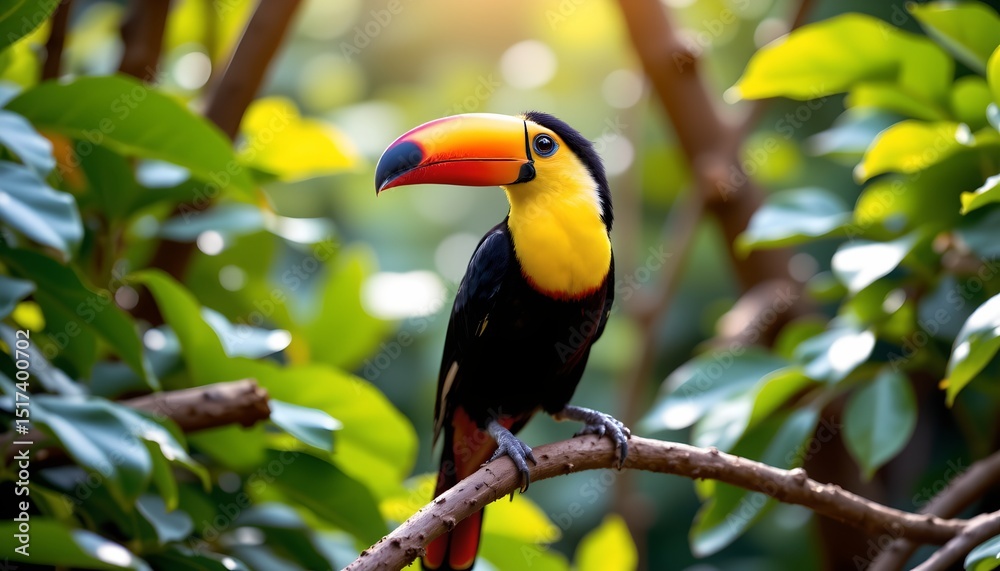 Naklejka premium a vibrant toucan perched in a tree with lush green leaves. the toucan is yellow and black with a prominent red beak and blue feet, typical of the species