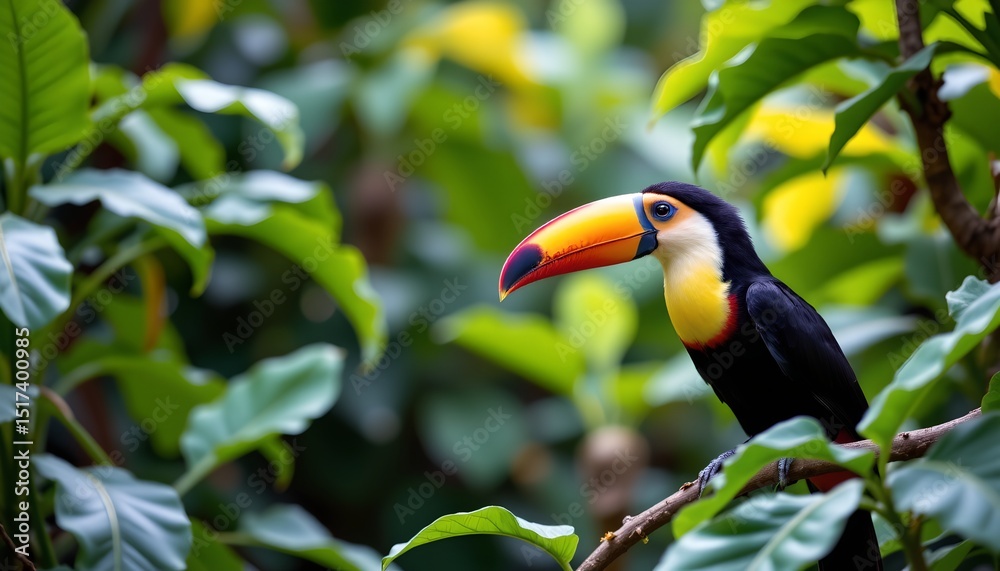 Naklejka premium a vibrant parrot with a long beak sits perched in a lush tropical setting, surrounded by verdant foliage