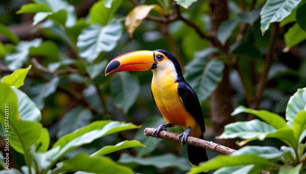 Obraz premium in the center of the image, there is a vibrant parrot perched on a thin branch in what appears to be a lush jungle environment