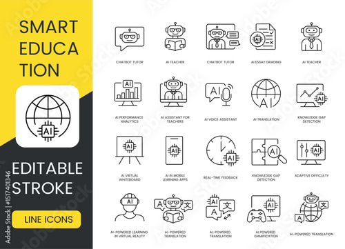 Smart education AI line icons with editable stroke featuring intelligent tutors, voice assistants, grading automation, adaptive difficulty, VR learning, and real-time feedback tools