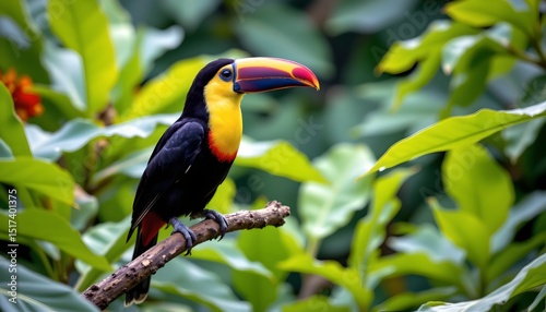 a tropical bird with vibrant colors, perched in front of lush green foliage, likely in its natural habitat