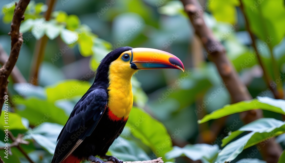 Fototapeta premium in the heart of a lush tropical garden, a vibrant toucan perches confidently on a branch. the toucan's colorful plumage contrasts beautifully with the verdant foliage around it
