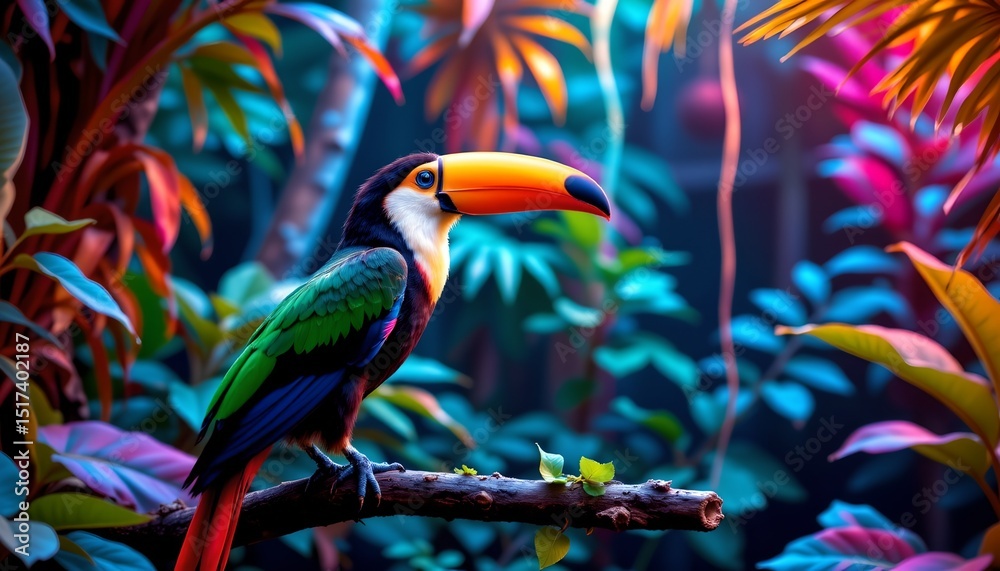 Fototapeta premium this is an artistic and vibrant image featuring a toucan perched on a branch with a tropical backdrop that suggests a lush rainforest setting