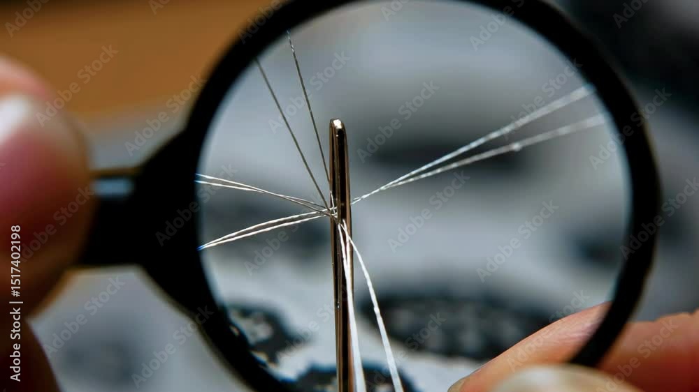 Close-up view of a needle's eye with multiple threads being threaded, showcasing precision in sewing