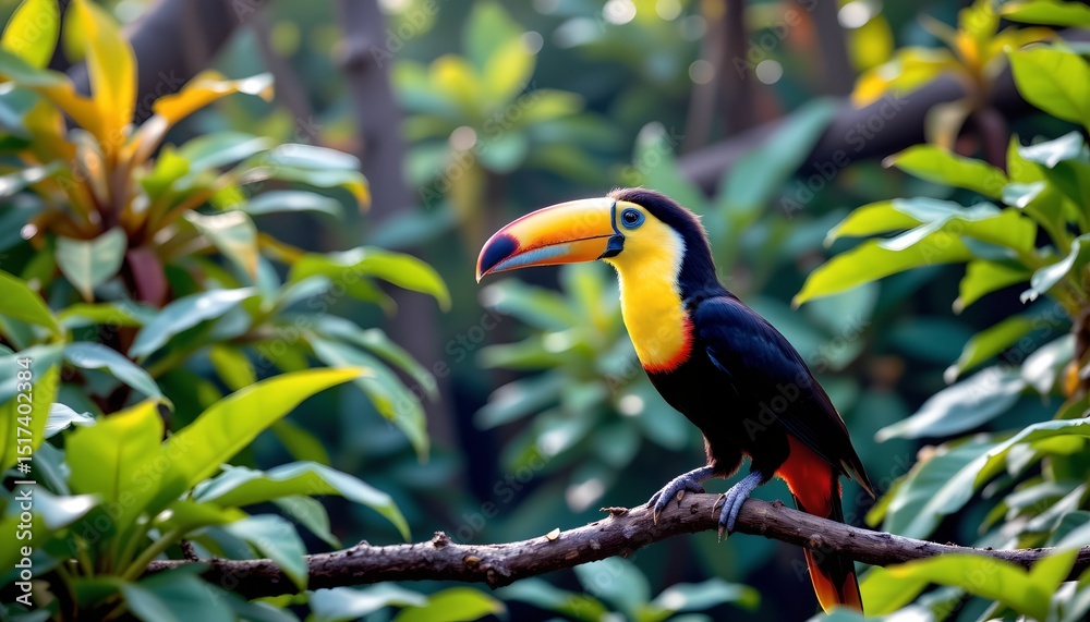 Naklejka premium a vibrant parrot perched confidently on a branch within a lush green landscape
