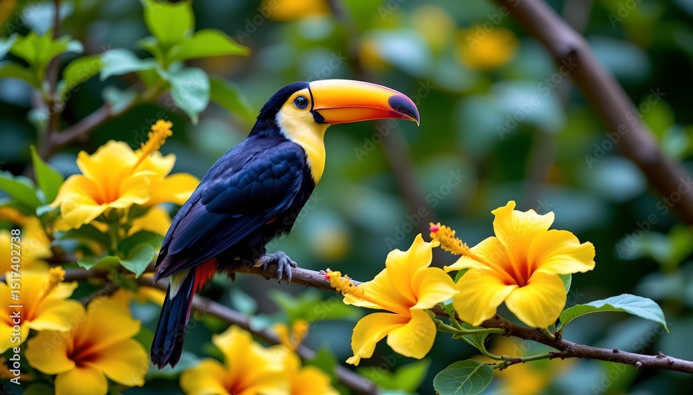Fototapeta premium a single, vibrant toucan perched on a branch in front of bright yellow flowers. the bird is facing towards the right side of the image, with a yellow flower nearby