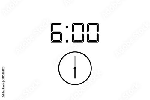 6:00 vector image and icon black colour on white background.