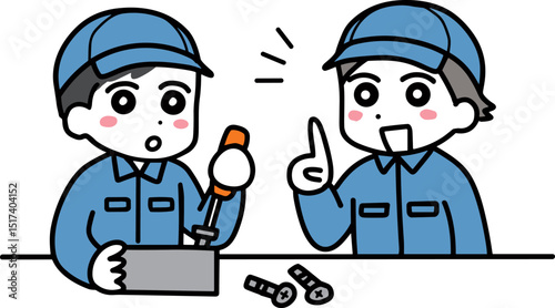 仕事を教えている・教わっている作業服の男性
