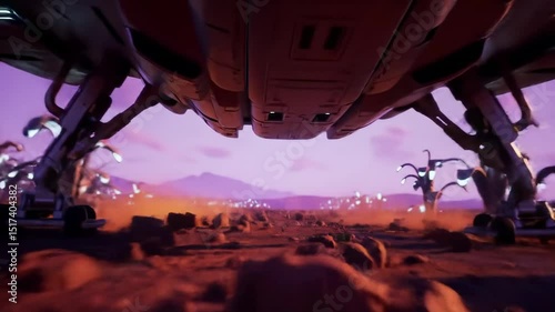 Futuristic spaceship landing on alien planet