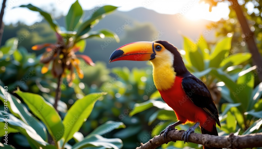 Obraz premium an exotic parrot with vibrant colors sits perched on a branch, surrounded by lush greenery in daylight
