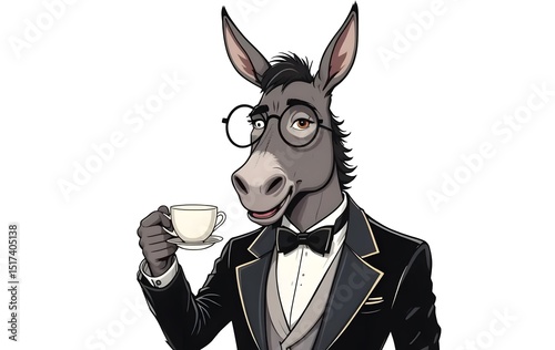 Sophisticated Donkey in Tuxedo Sipping Tea: A Whimsical Illustration photo