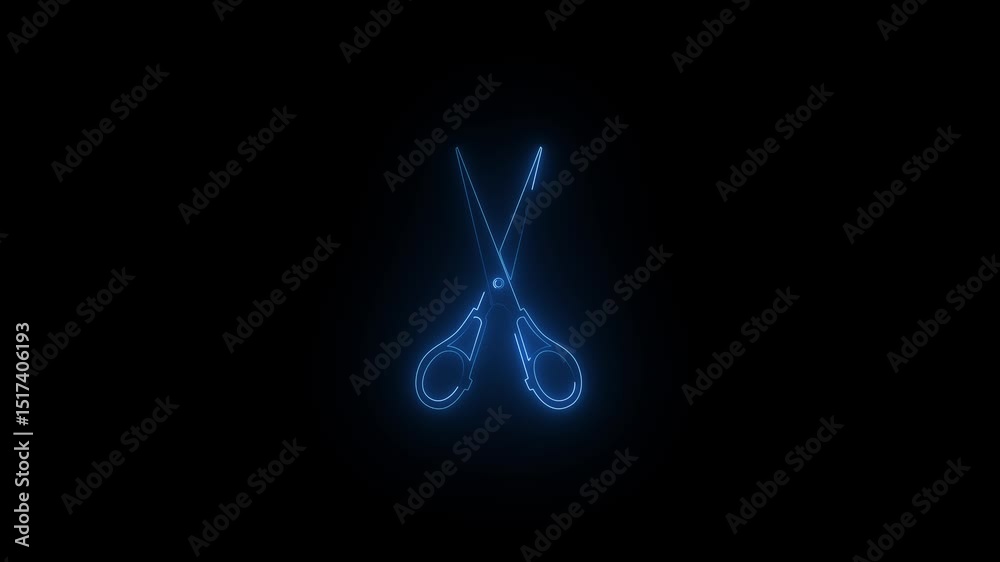 Ciseaux brillants dans une aura bleue futuriste. Une paire de ciseaux émet une lueur bleu vif entourée de sentiers lumineux pivotants dynamiques sur fond sombre.