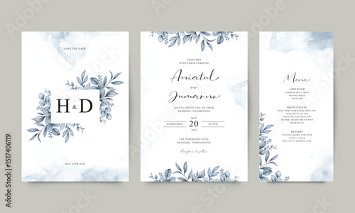 Elegant blue leaves wedding invitation template set
