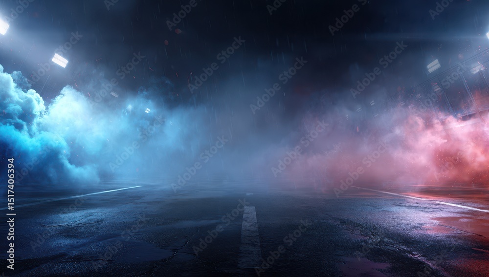 Obraz premium Dark, smoky, neon-lit roadway