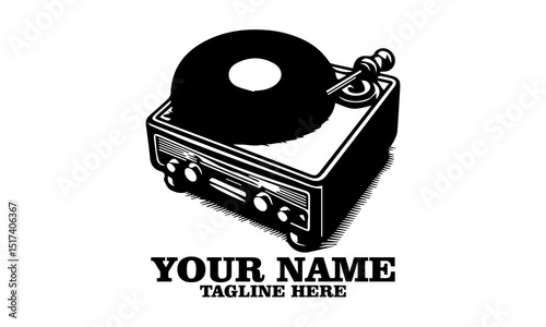 Illustration of a classic turntable and record player vector design and logo icon with white background