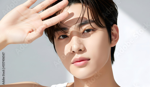 깨끗한 피부의 잘생긴 젊은 한국인 남성 모델