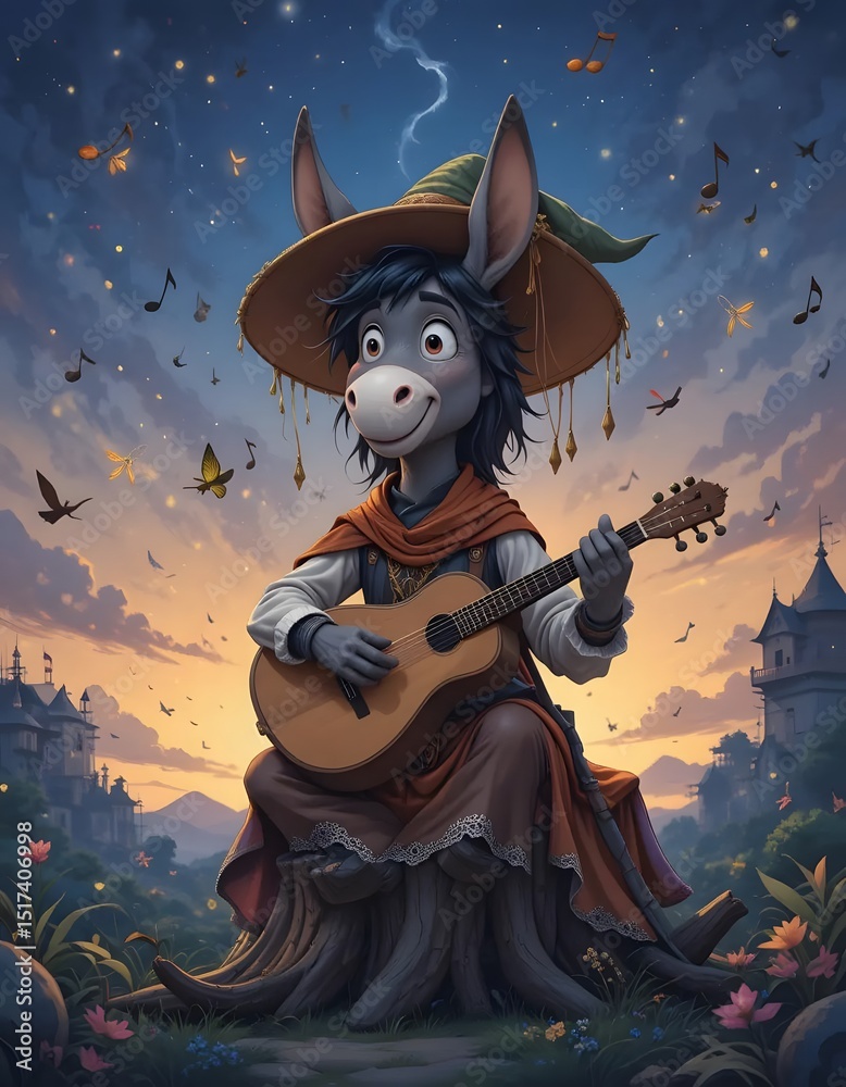 Fototapeta premium A Musical Donkey's Twilight Serenade: Fantasy Illustration of a charming donkey playing a guitar under a starry sky, surrounded by magical elements.