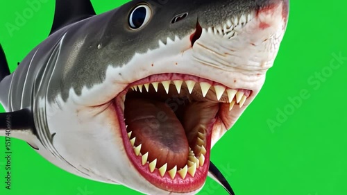 Realistic Great White Shark on Green Background with Open Mouth Showcasing Sharp Teeth and Dynamic Detail