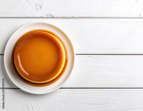 A delectable caramel flan dessert sits on a white plate atop a rustic white wood table ready for a sweet treat.