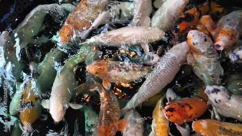 Top view slow motion footage of Colorful koi fish swimming in clear water outdoors. kohaku or Japanese Koi Kohaku Fish, Aquatic animals for raising beauty