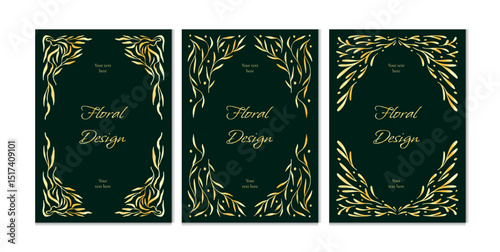 Vector floral templates with golden metallic gradient leaves and branches on dark green background. Elegant frames in art nouveau style for branding, packaging, invitation, or advertising.