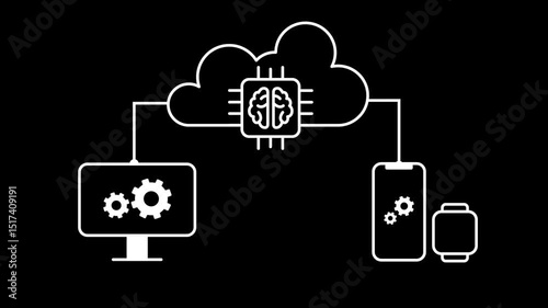Artificial intelligence cloud computing connection across devices, AI cloud computing concept. Smart connection of artificial intelligence across computer, smartphone, and smartwatch devices.