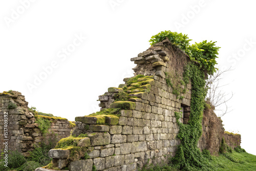 Moss-covered medieval stone wall ruins with deteriorating blocks and natural vegetation growth patterns throughout, isolated on a transparent background