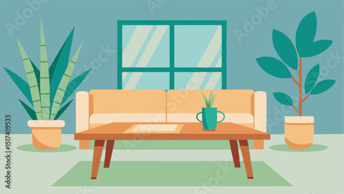 Bamboo Furniture Showcase A serene living room scene featuring a stylish bamboo coffee table surrounded by lush indoor plants and natural lighting.
