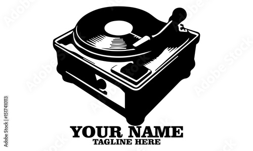 Illustration of a classic turntable and record player vector design and logo icon with white background