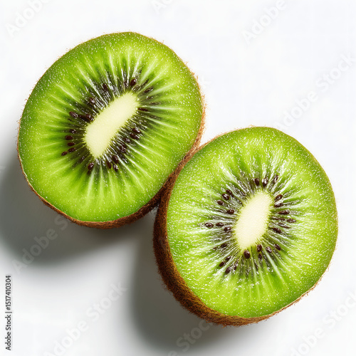 delicious ripe kiwi fruit halves with radial seed pattern and radiant surface appearance cleanly isolated on white background under glowing light photo