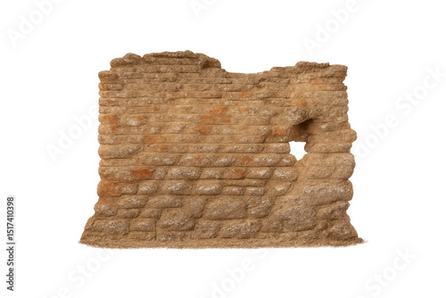 Weathered ancient brick wall fragment with deteriorated mortar, rough texture, and small rectangular opening, isolated on a transparent background photo