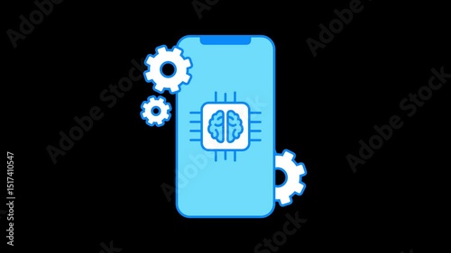 Smartphone with AI chip and Gear icons Animation, artificial intelligence integration in mobile devices, Smart Technology Concept.