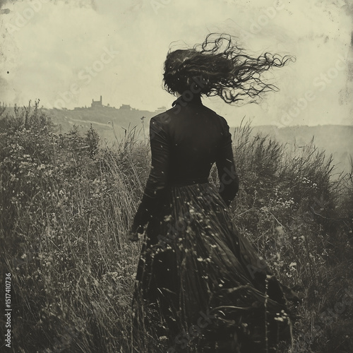 A woman in a black dress is walking through a field of tall grass. The image has a moody and mysterious feel to it, as the woman is alone and the grass is tall and unkempt
