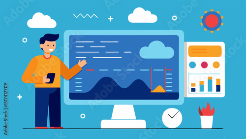 Data Stream Visualization Illustrate a large screen displaying fluctuating graphs and charts with a digital assistant analyzing the data showcasing realtime information on weather