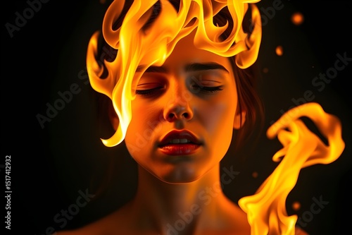 Woman's head burns due to mental problems.mental health concept.