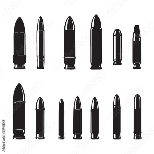 Collection of various firearm cartridge silhouettes in different sizes. Silhouettes of different ammunition types displayed against a plain white background.