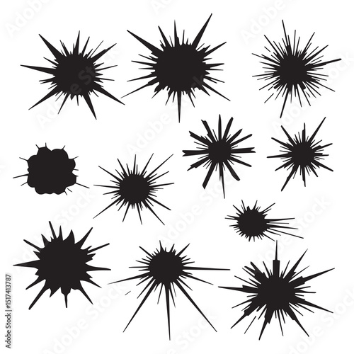 Abstract black ink splatter patterns on white background. Collection of graphic design elements.