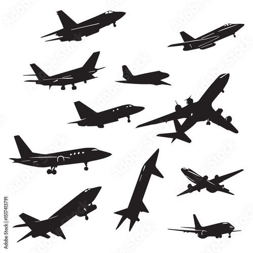 Silhouette collection of various jet aircraft in diverse poses and stages of flight. Different types of airplanes in various flight stages against a plain white background.