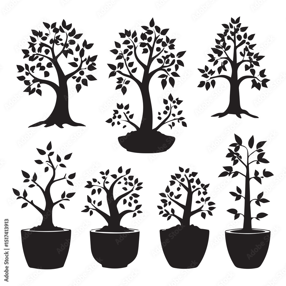 Obraz premium Silhouette collection of various trees and bonsai in pots. Simple, stylized black silhouettes of different tree types.