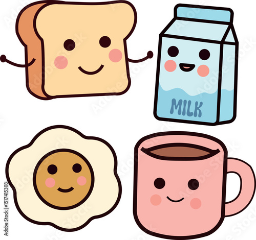  Cute Kawaii Breakfast Food Characters Set Illustration