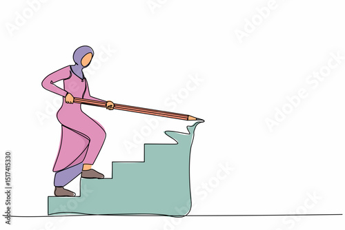 Single one line drawing Arabian businesswoman use huge pencil to draw rising up stairs, walk climbing up ladder. Strategy reach business target, career path achievement. Continuous line design vector