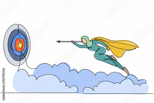 Single one line drawing superhero Arab businesswoman flying with arrow forward to goal to achieve success. Power leadership ambition and achievement. Continuous line design graphic vector illustration