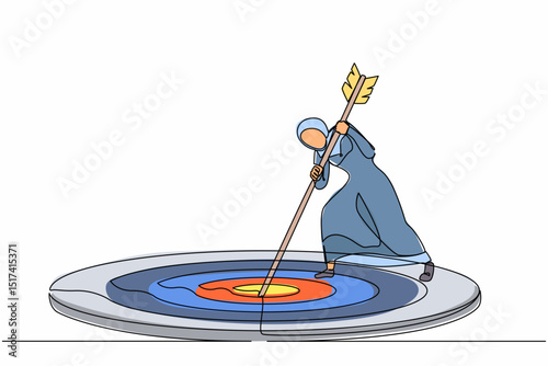 Single one line drawing focus marketing target strategy, Arabian businesswoman mark goal with arrow. Woman holding arrow, hit target on ground. Achieving goals. Continuous line design graphic vector