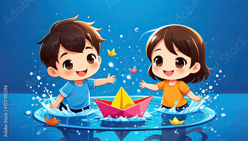 Two cheerful children playing in water, splashing joyfully while sailing colorful paper boats, capturing the essence of summer fun and childhood innocence
