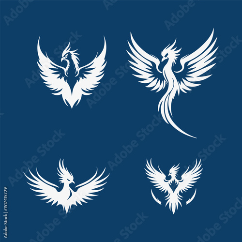 Phoenix logo designs in various poses against a dark blue background. Abstract phoenix silhouettes with outstretched wings and detailed feather patterns.