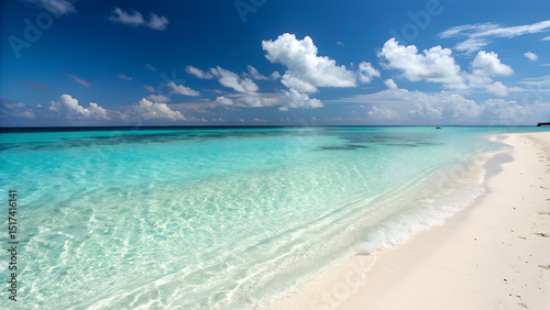 Fototapeta Naklejka Na Ścianę i Meble -  Serene tropical beach scene with crystal clear turquoise water gently lapping a pristine white sand shore under a vibrant blue sky dotted with fluffy clouds
