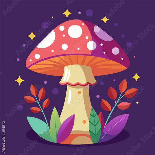 Enchanted Mushroom. A whimsical fantasy illustration of a vibrant red mushroom in a magical forest setting