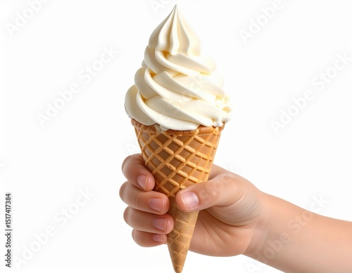 A childs hand holds a delicious vanilla soft serve ice cream cone against a bright white background perfect for summer food advertising.