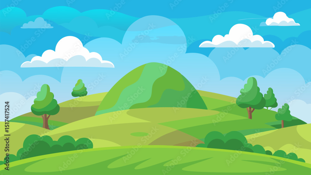 Fototapeta premium Serene Rolling Hills. A picturesque landscape of lush green meadows under a vibrant blue sky.