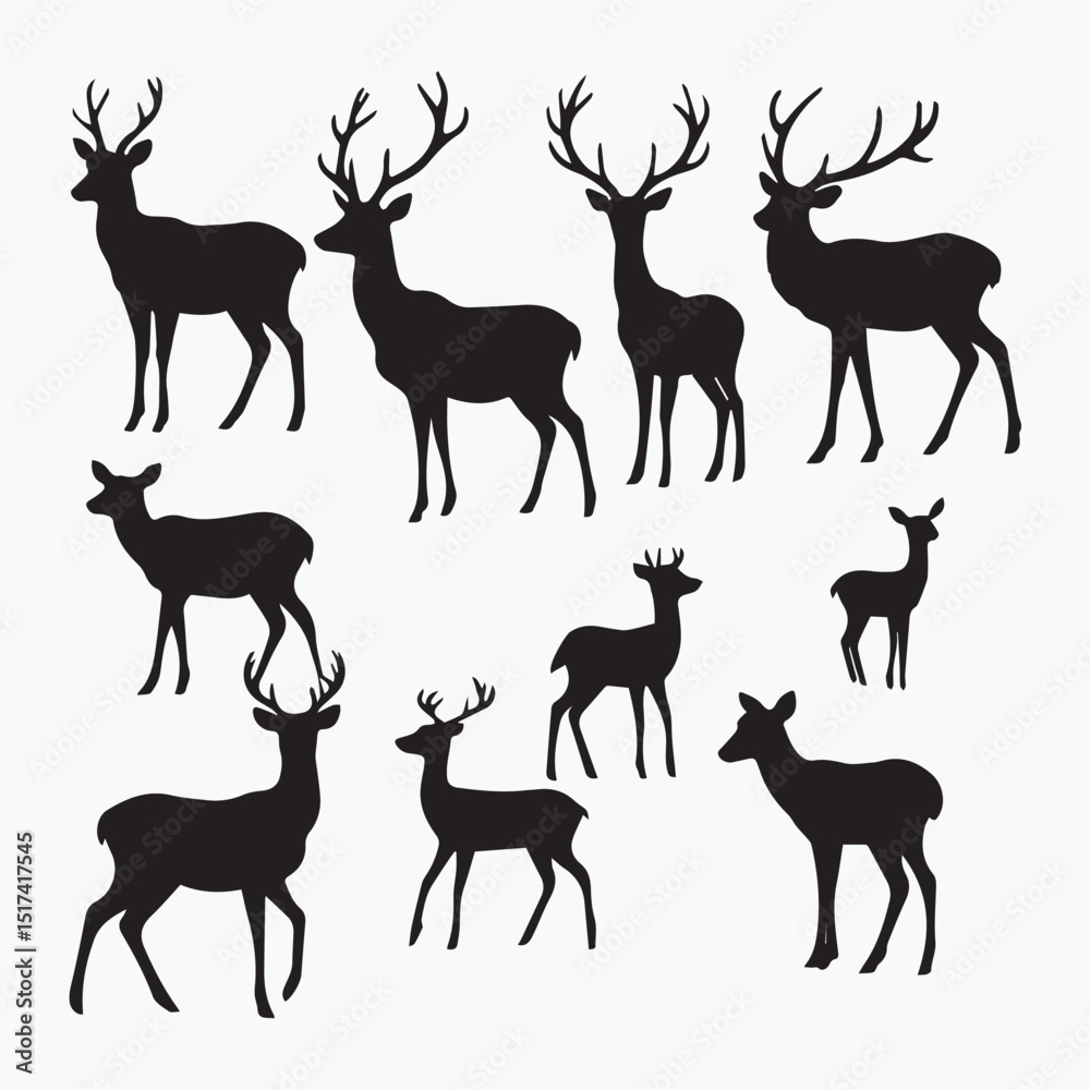 Naklejka premium Silhouette collection of various deer in different poses. Silhouette of deer against a plain white background.